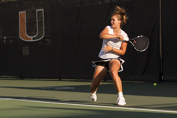 Freshman Stephanie Wagner plays in a doubles match against Brown on Wednesday night. Nick Gangemi // Staff Photographer