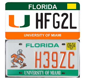 Above: The new license plate offered by the Alumni Association. Below: The old license plate featuring Sebastian the Ibis.