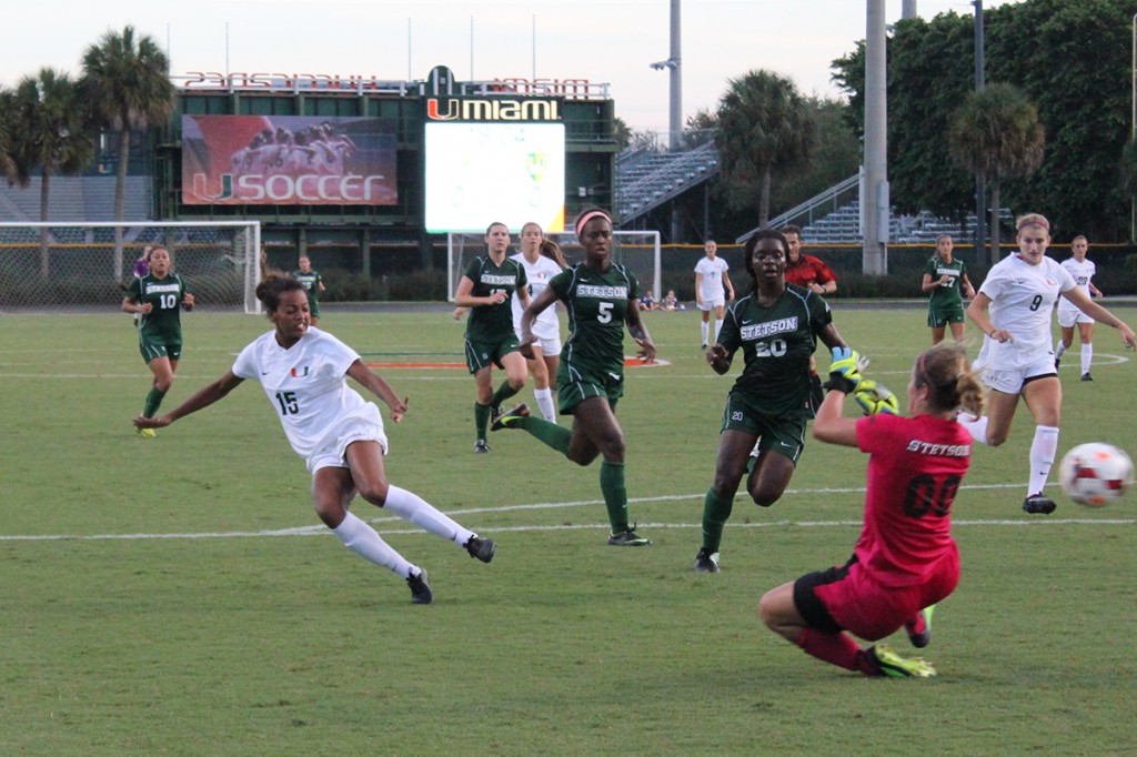 Junior Jasmine Paterson scores a goal during the first half of the soccer game against Stetson College on Friday. The ‘Canes won 3-0.Amy Sargeant // Contributing Photographer
