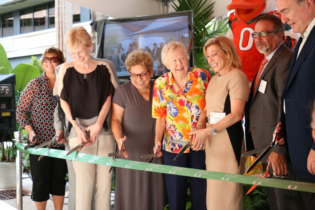 President Donna E. Shalala cuts a ribbon to inaugurate the new Marine Technology and Life Science Seawater Complex at the RSMAS campus Thursday. Sophie Barros // Contributing Photographer.