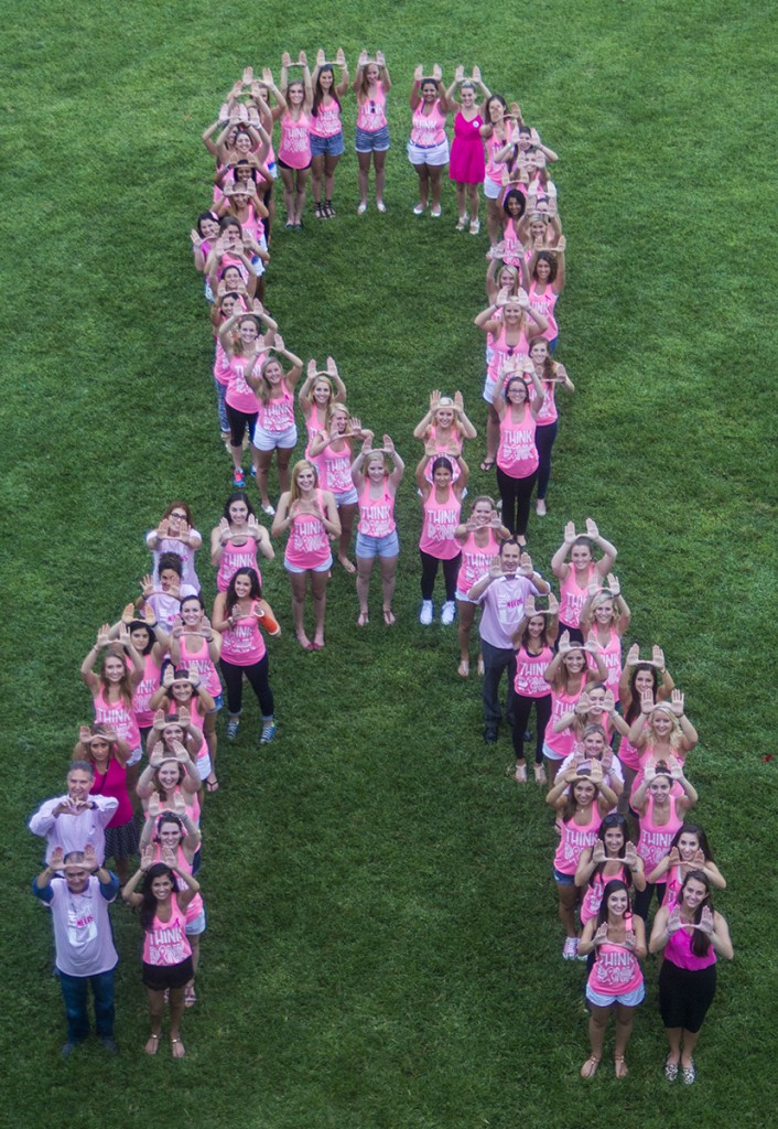 In honor of Breast Cancer Awareness Month and Think Pink Week,  Zeta Tau Alpha’s kickoff event, Survivor Celebration, honored the courageous women who have won their battle with breast cancer and those who are currently fighting. Before the event, members of ZTA and fellow supporters created the “human ribbon” on the green.  This week, special events to increase awareness about early detection and raise funds for education and research will be hosted throughout campus. Victoria McKaba // Staff Photographer