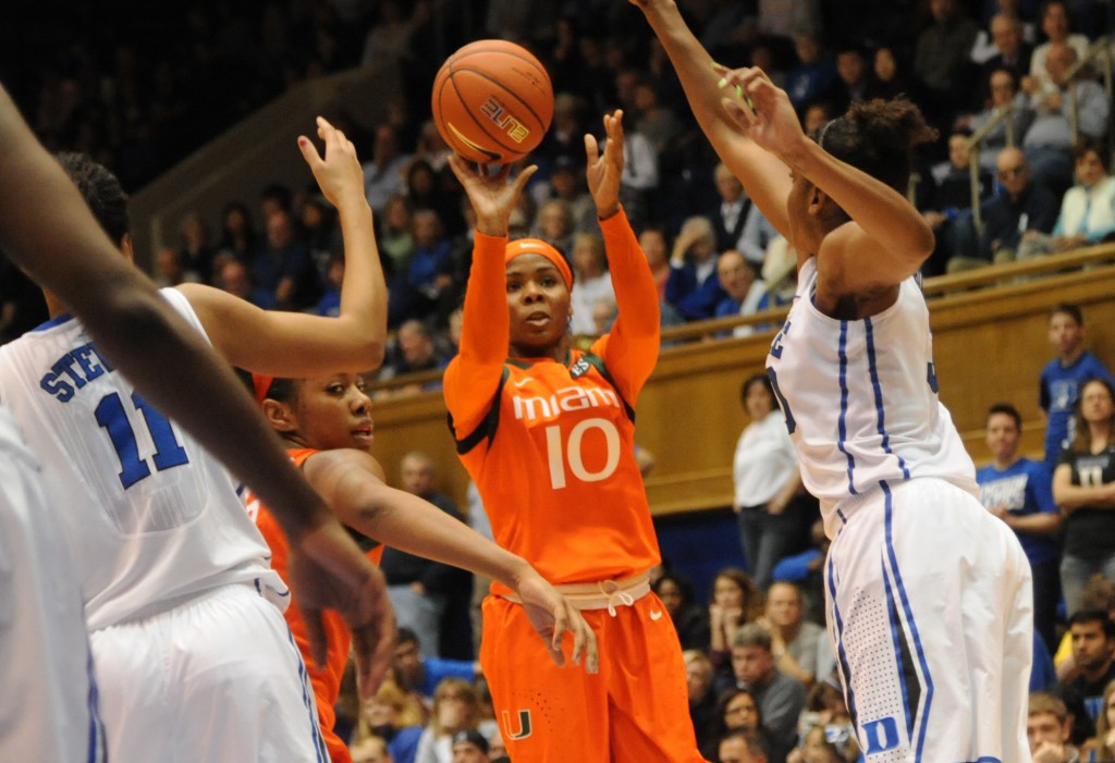Michelle Woods shoots over a defender during Sunday afternoon's 68-53 loss to Duke
