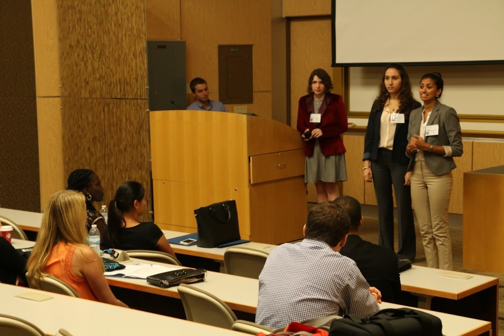 A group of students present their proposal during the Ebola Epidemic Simulation at the 2015 UAID Symposium. Each group represented a specific health stakeholder, such as the local West African government or the Department of Homeland Security and debated for or against the return of an infected patient to the U.S. Photo Credit // Sophie Barros