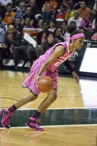 At Sunday's game against Georgia Tech, Sophomore guard Adrienne Motley and the Women's Basketball team wear pink as part of the Play 4Kay game that supports breast cancer awareness. Nagashreya Chidarala // Contributing Photographer