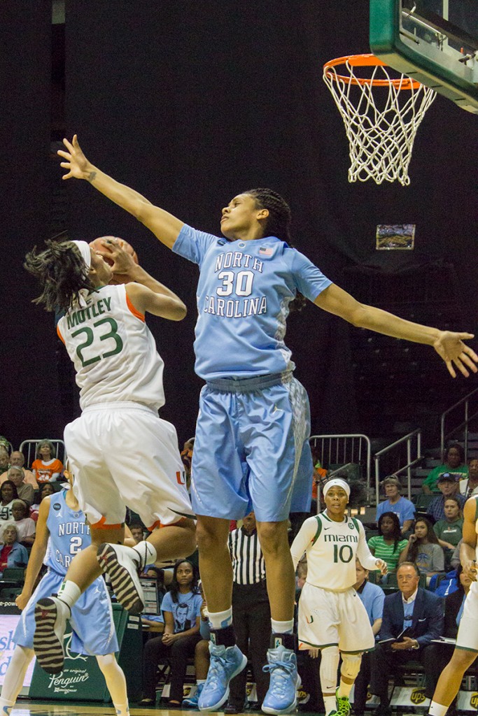 Sophomore Adrienne Motley goes for jump shot during Sunday's game against UNC. Giancarlo Falconi // Staff Photographer