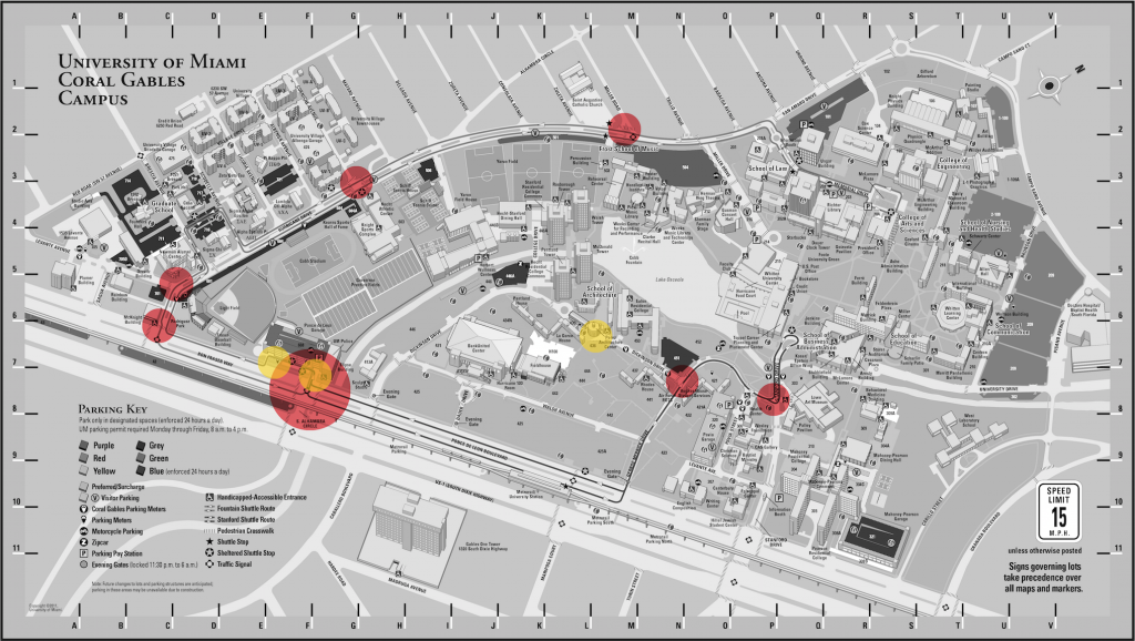 The red circles indicate crime hot spots as pointed out by crime prevention at UMPD. The yellow circles are accident hot spots as described during UMPD interviews. Map photo courtesy UM.
