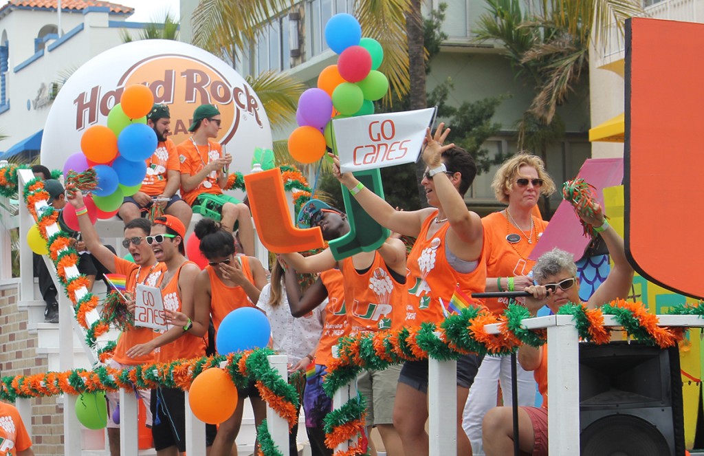Members of UM LGBTQ Student Life, UPride, PRISM, OUTLaw and the LGBTQ Faculty and Staff Network represent the University of Miami during the Miami Beach Pride Parade Sunday as they ride down Ocean Drive on a float based on the theme of the animated film “Up.” Sebastian the Ibis and the Hurricanettes joined the rest of the group to celebrate diversity and pride. Lyssa Goldberg // Online Editor