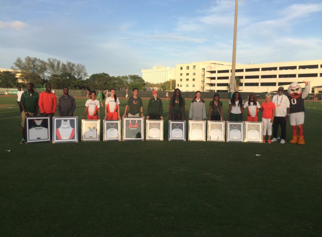 Miami's seniors were honored at the end of this weekend's Hurricane Alumni Invitational // Courtesy Miami Athletics