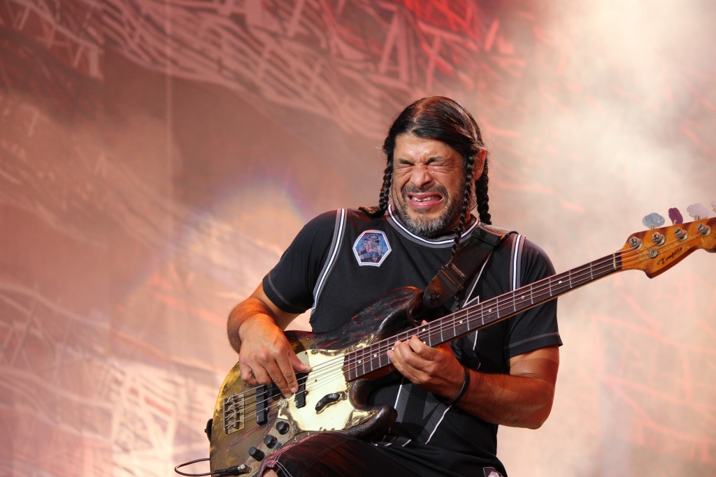 Metallica bassist Robert Trujillo plays to the crowd during the group's headliner set at Lollapalooza Saturday. Lollapalooza’s second day came in full swing with performances by Walk The Moon, Tame Impala, Kid Cudi, Metallica and Sam Smith. Hallee Meltzer // Photo Editor