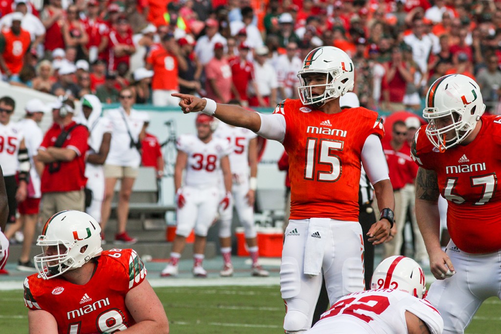 Quarter Back Brad Kaaya (15) sets up the offense while the Canes march down the field against Nebraska. Joshua Gruber // Contributing Photographer