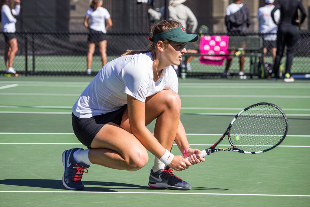 Senior Stephanie Wagner prepares for a serve during a women’s tennis match last year against FSU. Wagner currently stands as the top player in the Women's team at UM and is ranked the No. 6 player in the country.  Giancarlo Falconi // Assistant Photo Editor