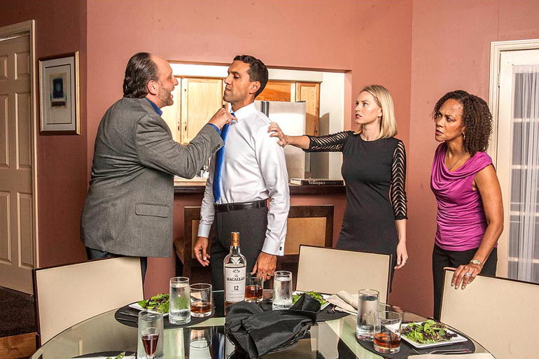 Disgraced, playing at GableStage through November 1, features actors (left to right) Gregg Weiner, Armando Acevedo, Betsy Graver, and Karen Stephens. Photo Courtesy George Schiavone/GableStage