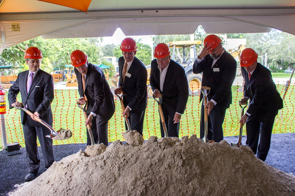 Sergio Gonzalez (Senior Vice President for University Advancement and External Affairs), Dr. Julio Frenk (University President), Stuart Miller (Chairman of the Board of Trustees), Tom Murphy Jr. (President and CEO of Coastal Construction), Rodolphe el-Khoury (School of Architecture Dean), and Thomas LeBlanc (Executive Vice President and Provost) break ground Wednesday afternoon for the construction of the Thomas P. Murphy Design Studio Building. This building was donated by Coastal Construction, a major South Florida builder, and will be LEED-certified and feature studios to accomodate more than 120 students once completed. Giancarlo Falconi // Assistant Photo Editor. 