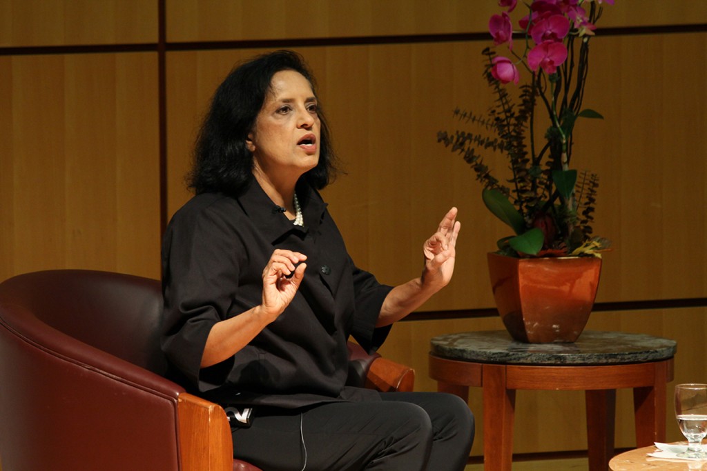 Roomy Khan lectures business students about her experiences with insider trading and the dangers associated with it Tuesday evening in the Storer Auditorium. Erum Kidwai // Staff Photographer