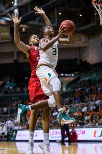 Freshman forward Anthony Lawrence, Jr. goes up for a shot during Monday night’s game at the BankUnited Center. The Canes kicked off the season with a 93-77 over the Ragin' Cajuns. Nick Gangemi // Editor-in-Chief
