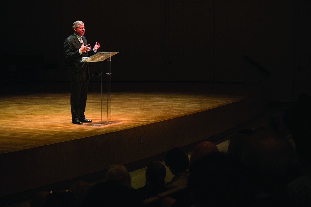 Presidential Historian Jon Meacham speaks at Gusman Concert Hall Tuesday evening regarding how past political leadership influences current governmental decision-making. Pulling from his extensive knowledge of presidential history, Meacham aimed to connect to UM students, many of whom are first time voters. Kawan Amelung // Staff Photogapher