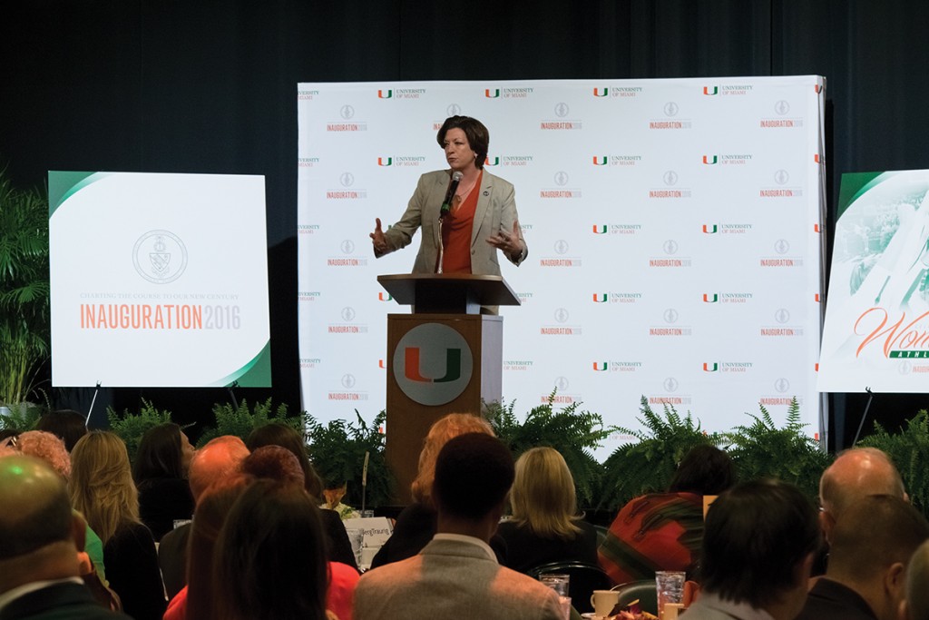 Women's basketball Head Coach Katie Meier discusses how athletics helps build confidence in female student athletes during the Celebration of Women's Athletics brunch Sunday in the BankUnited Center. Evelyn Choi // Staff Photographer