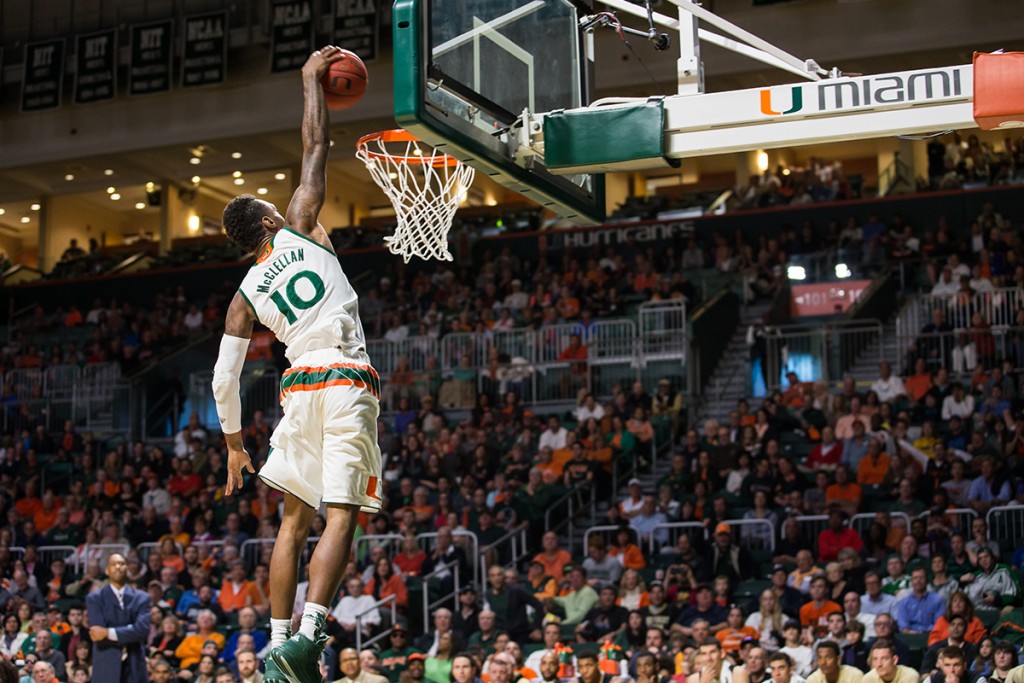 Redshirt senior guard Sheldon McClellan goes up for a dunk in the first half of Saturday's game against Wake Forest at the BankUnited Center. The Canes won 77-63 and face Duke Monday evening. Matthew Trabold // Contributing Photographer