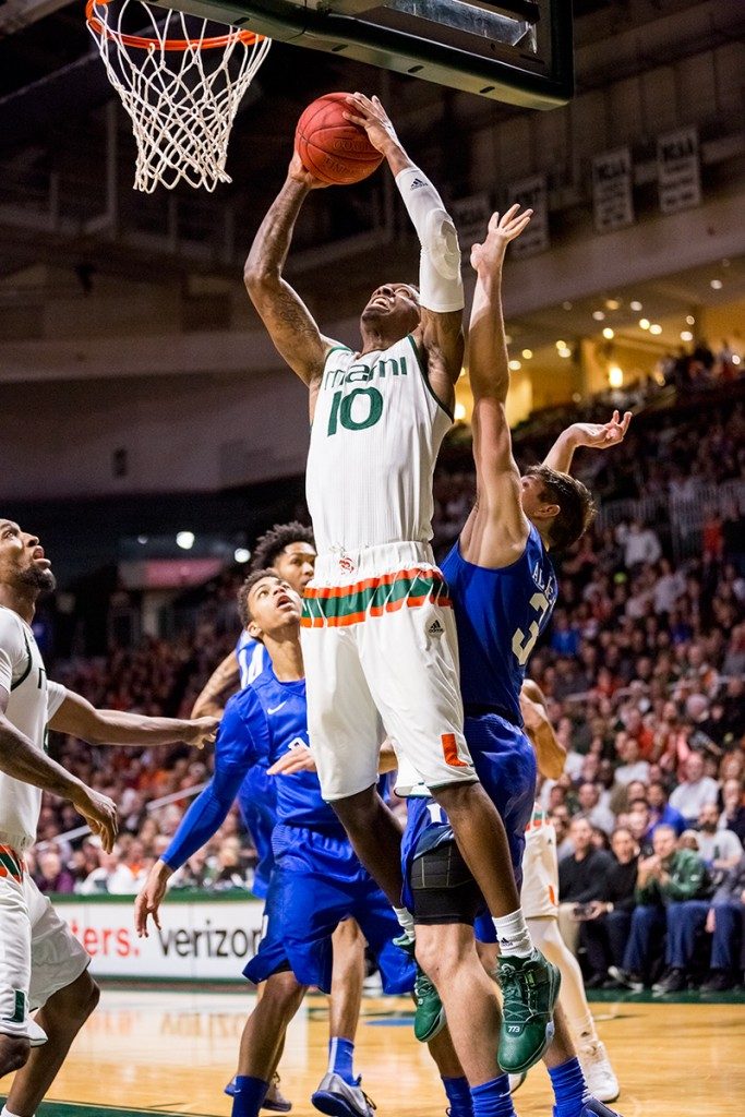 Redshirt senior Sheldon McClellan jumps for a layup during Monday’s night game against Duke at the BankUnited Center. The Hurricanes defeated the Blue Devils 80-69. Nick Gangemi // Editor-in-Chief