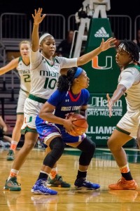 Redshirt senior guard Michelle Woods (10) defends a River Hawk player during the December game against UMass Lowell in the BankUnited Center. The Hurricanes women’s basketball team started 10-0 and are currently ranked No. 21 in the country. Shreya Chidarala // Assistant Photo Editor