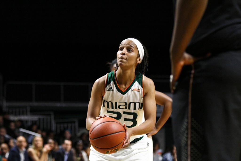 Junior guard Adrienne Motley takes a free throw during Miami's 69-58 loss to FSU Sunday afternoon at the BankUnited Center. Motley scored a game high 20 points in the loss. Erum Kidwai // Assistant Photo Editor
