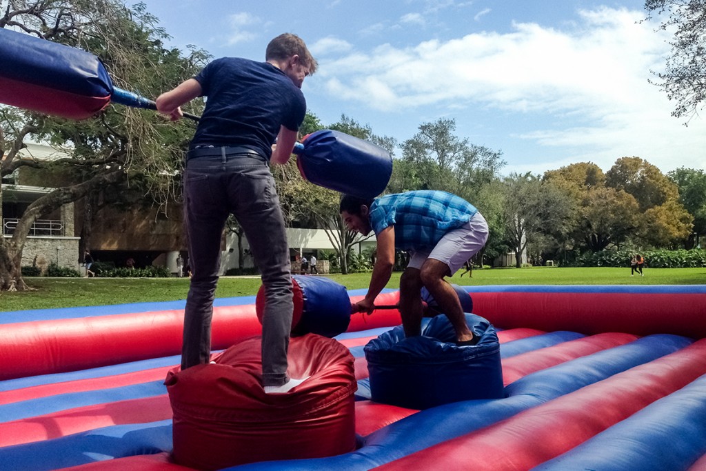 Freshmen Sean McDuffie and Landon Mediavilla joust outside the engineering school Tuesday afternoon as part of Engineering Week. Giancarlo Falconi // Staff Photographer