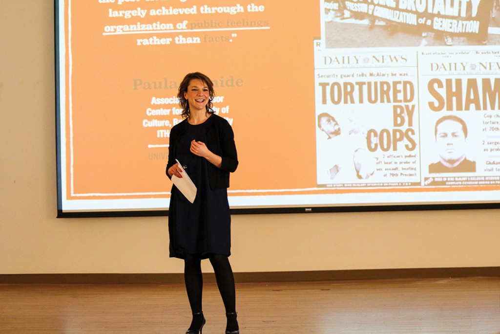 Guest lecturer Dr. Paula Ioanide, from Ithaca College, speaks during the Know Justice Know Peace 2 event Wednesday afternoon in the CAS Gallery as part of Black Awareness Month. Erum Kidwai // Staff Photographer