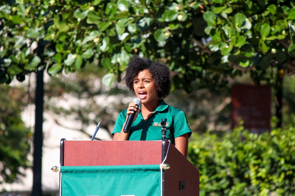 Senior student government president Brianna Hathaway speaks to the student body during her "State of the U" address Wednesday afternoon at the Rock. Hallee Meltzer // Photo Editor