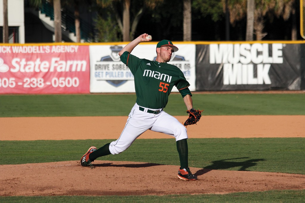 Sophomore right-hander Jesse Lepore (55) pitches during the men’s baseball win over Bethune-Cookman Wednesday night at Alex Rodriguez Park at Mark Light Field. The Hurricanes are anticipating their ACC matchup against Clemson this weekend. Victoria McKaba // Assistant Photo Editor
