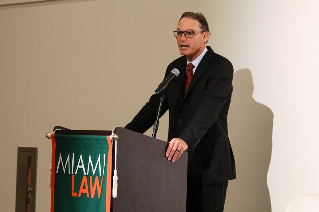 Miami Law alumnus and former Chicago Bears coach Mark Tresman speaks at the Entertainment and Sports Law Symposium Friday morning. Kawan Amelung // Staff Photographer