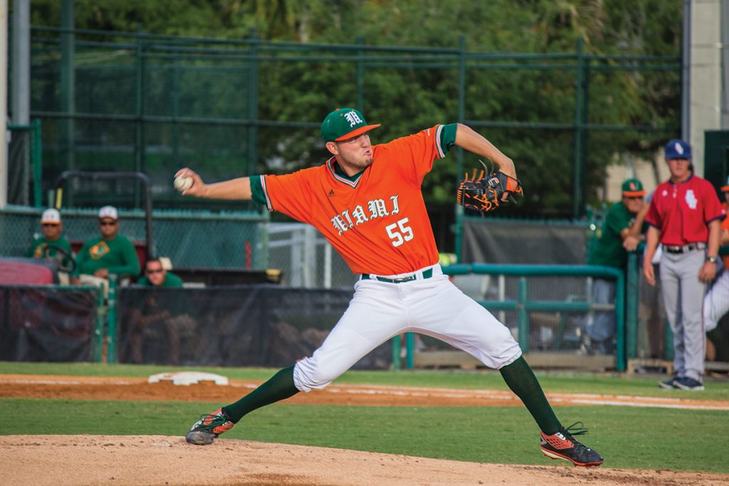 Sophomore right-hander Jesse Lepore (55) throws a pitch during the men’s baseball 4-3 loss to FAU Wednesday night at Alex Rodriguez Park at Mark Light Field. The Canes are preparing for their series against Virginia this upcoming weekend. Giancarlo Falconi // Staff Photographer