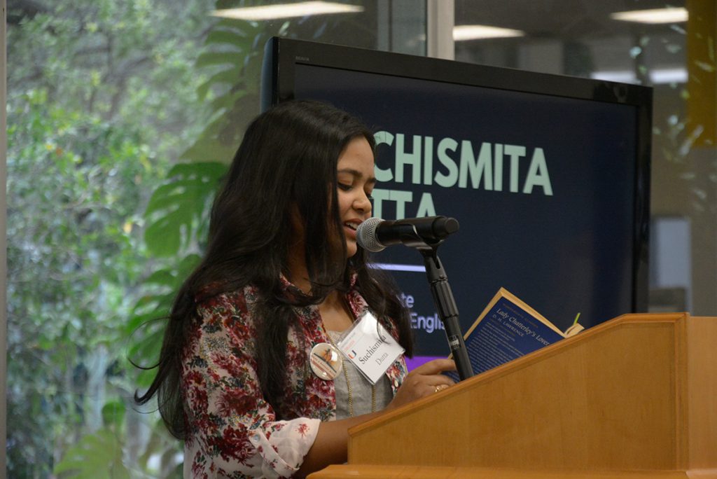 English Ph.D Candidate Suchismita Dutta reads a passage from Lady Chatterly's Lover during Richter Library's Banned Books Week Read Out Wednesday afternoon. Josh White // Contributing Photographer