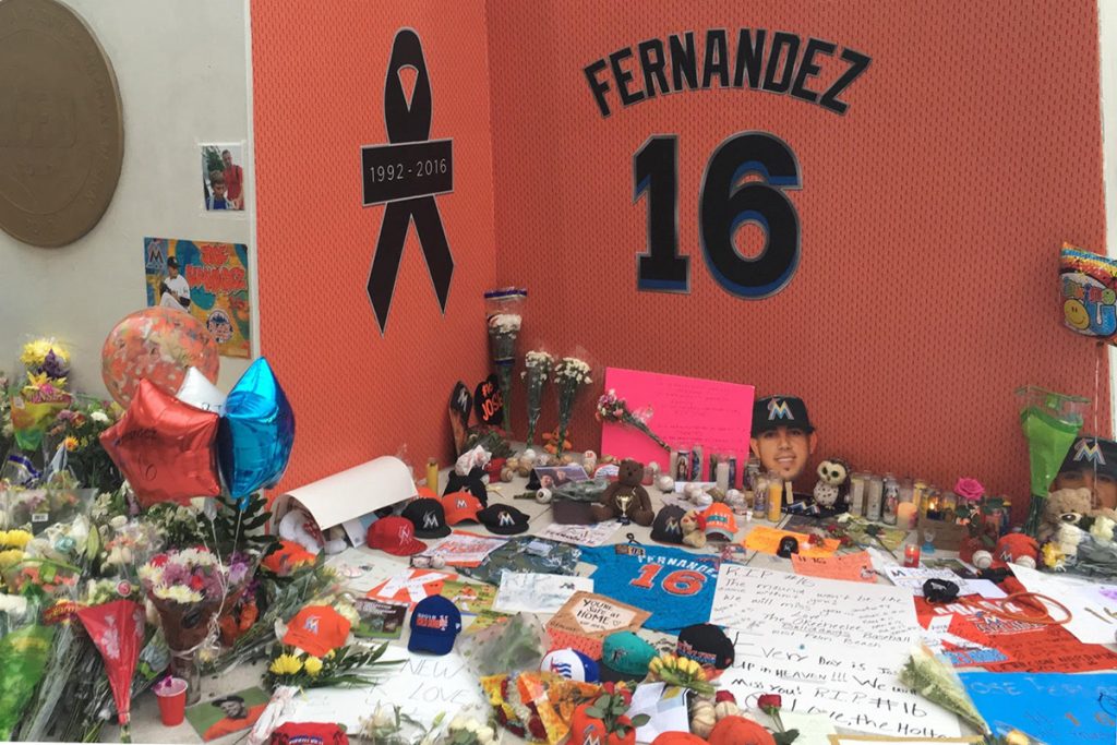 Fans memorialize Jose Fernandez before Monday night's game against the New York Mets at Marlins Park. Angela De Rojas // Contributing Photographer