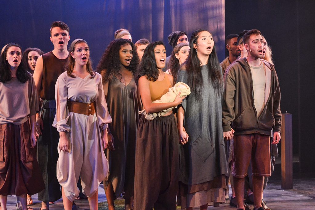 The cast of “Children of Eden” acts as a chorus of storytellers during the show's performance. "Children of Eden” runs through November 19 at The Jerry Herman Ring Theatre. Amanda Prats // Staff Photographer