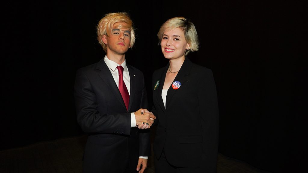 Students impersonate Donald Trump and Jill Stein in the Fieldhouse Tuesday night. Hunter Crenian // Staff Photographer
