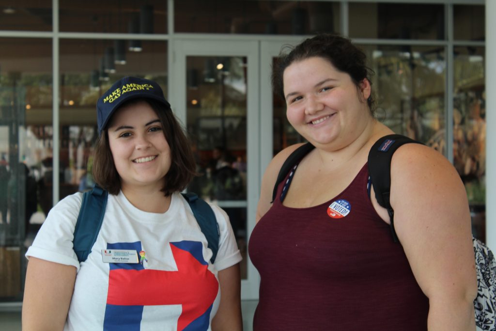Juniors Mary Balise (left) and Nikki Gilleland (right) voted for the first time in this election. Balise, who wore a “Make America Gay Again” hat, a play on Donald Trump’s campaign slogan. // Jackie Yang, Managing Editor. 