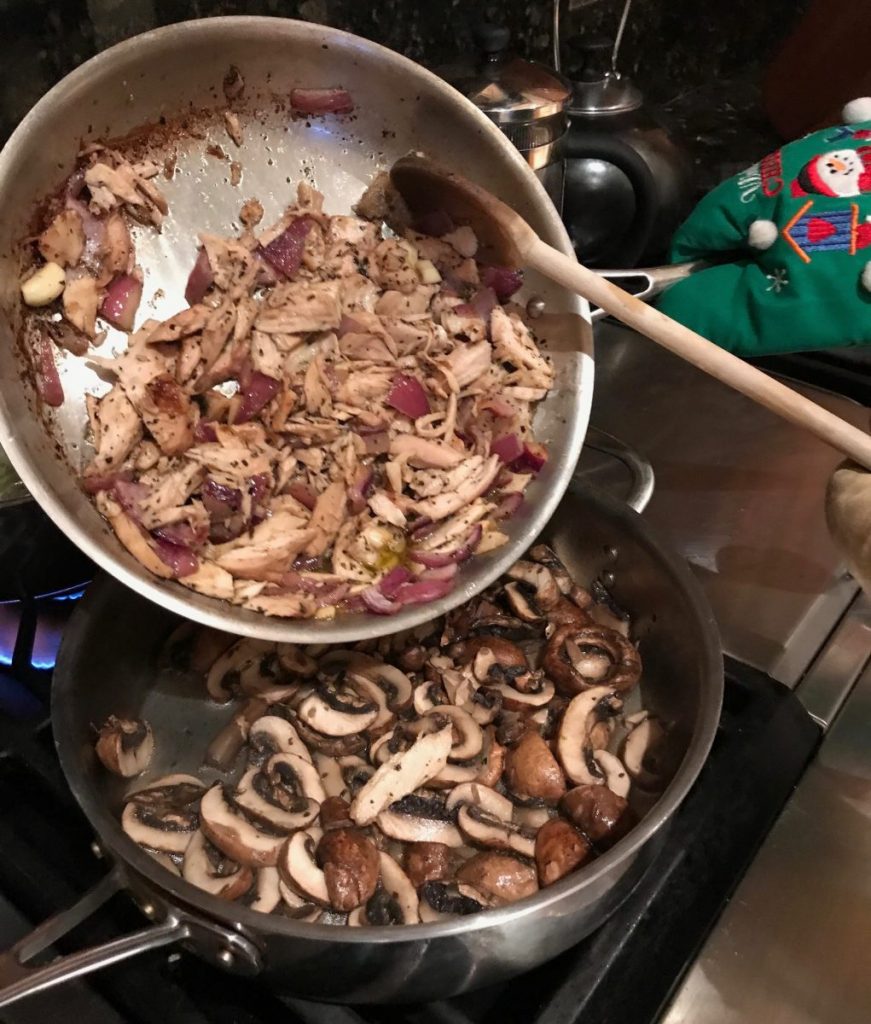 Mix your chicken and onions with your mushrooms.