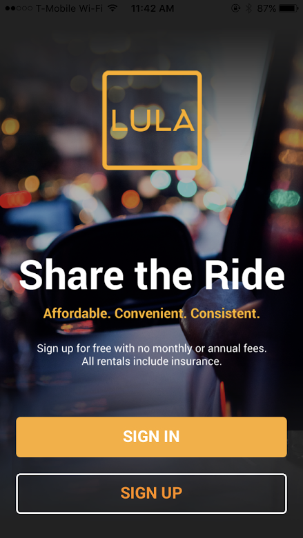 The home screen of the new Lula Rides, car sharing app.