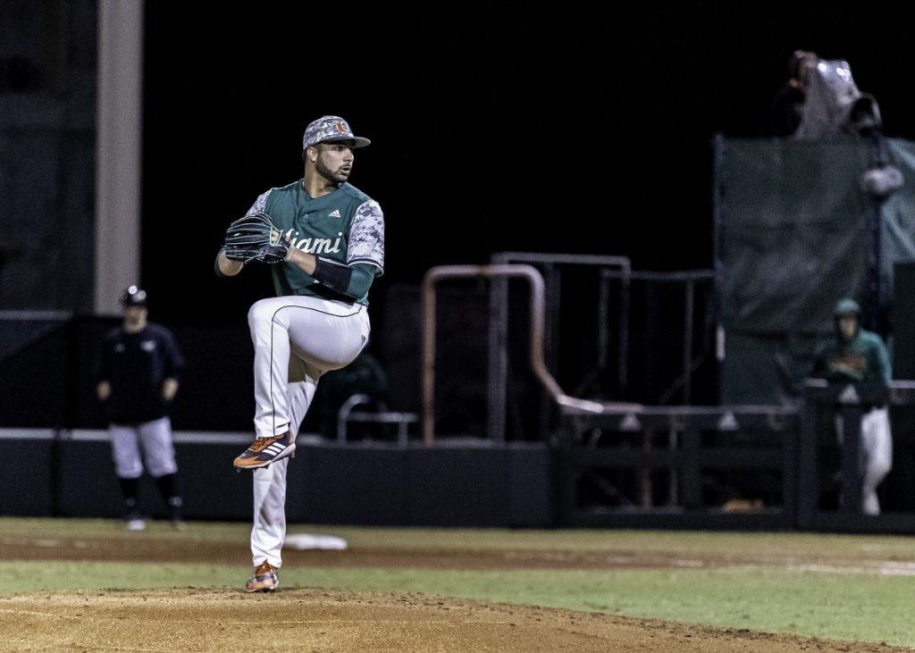 Chris McMahon prepares to throw a pitch during Miami's win over Towson February 29.