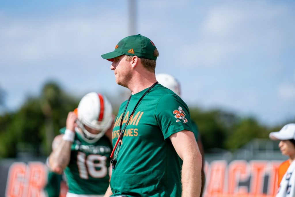Offensive Coordinator Rhett Lashlee oversees the offense during the first day of Miami’s spring training on Monday, March 2 at the Greentree Practice Facility.