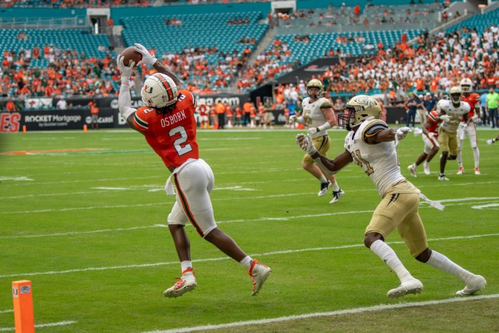 K.J. Osborn catches a pass during Miami's loss to Georgia Tech on Oct. 19, 2019.