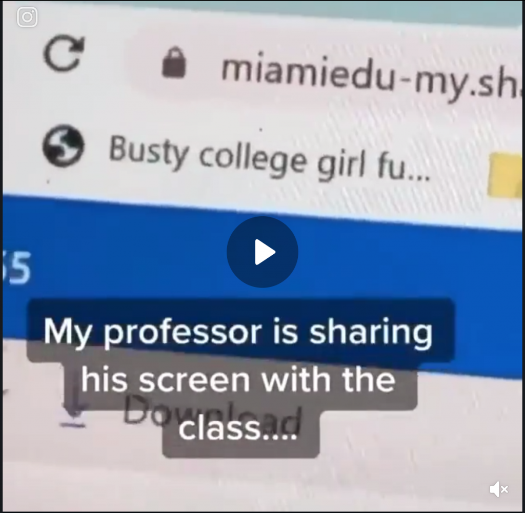 A TikTok posted by a UM student highlights a professor’s pornographic bookmark tab spotted while he was sharing his screen during a Zoom class on March 26th, 2020 date.