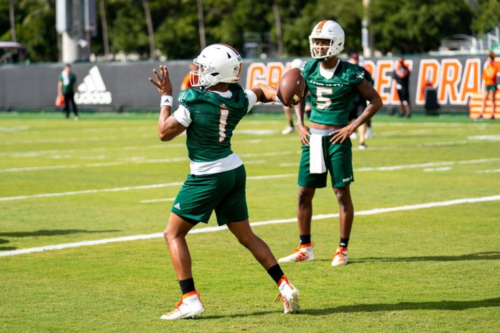 Redshirt Senior quarterback D’Eriq King throws the ball during the first day of Miami’s spring training on Wednesday, March 2 at the Greentree Practice Facility.