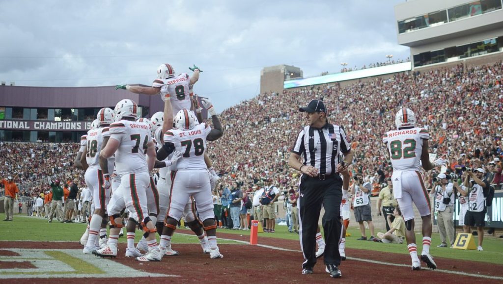 ‘Canes football players celebrate during Miami’s game versus Florida State University at Doak Campbell Stadium on Oct. 7, 2017. The Hurricanes won 24-20.