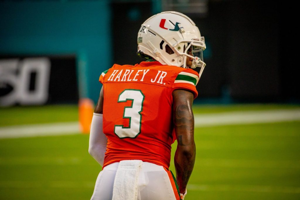 Senior Wide Receiver Mike Harley Jr. lines up during Miami's Final Scrimmage, taking place at Hard Rock Stadium on Sept 4.