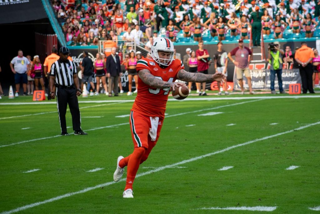 Then Redshirt Sophomore Punter Lou Hedley prepares to kick the ball during Miami’s game versus Virginia Tech on Oct. 5, 2019.