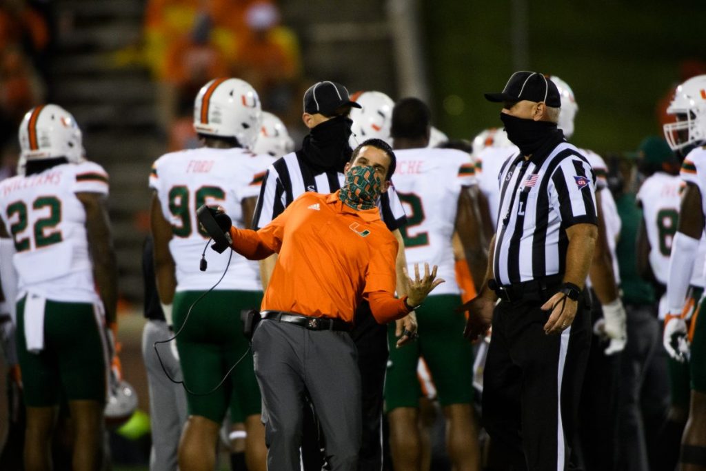 Head Coach Manny Diaz reacts during the first quarter of Miami's game versus Clemson at Memorial Stadium in Clemson, South Carolina on Saturday, Oct. 10.