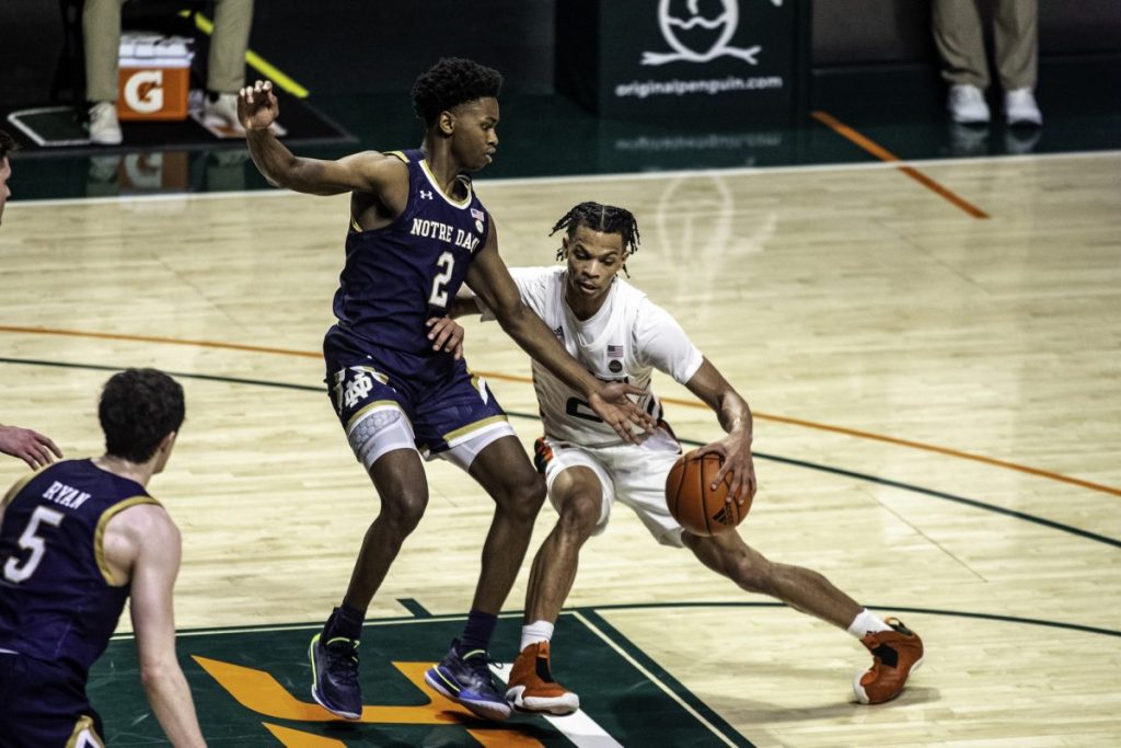 Sophomore guard Isaiah Wong (2) scored 16 points with a team-high 38 minutes of playing time in Miami's 73-59 loss to Notre Dame on Sunday, Jan. 24 at the Watsco Center.