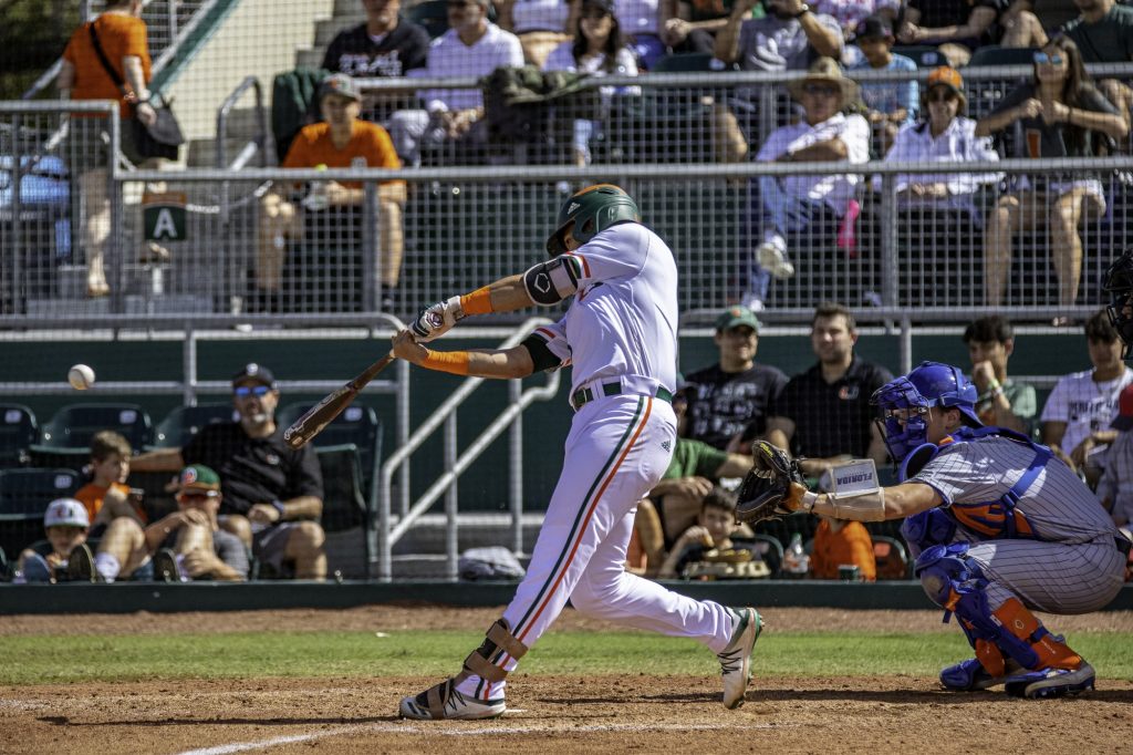 Raymond Gil hits a home run during the weekend series against the Florida Gators in 2020 at Mark Light Field.