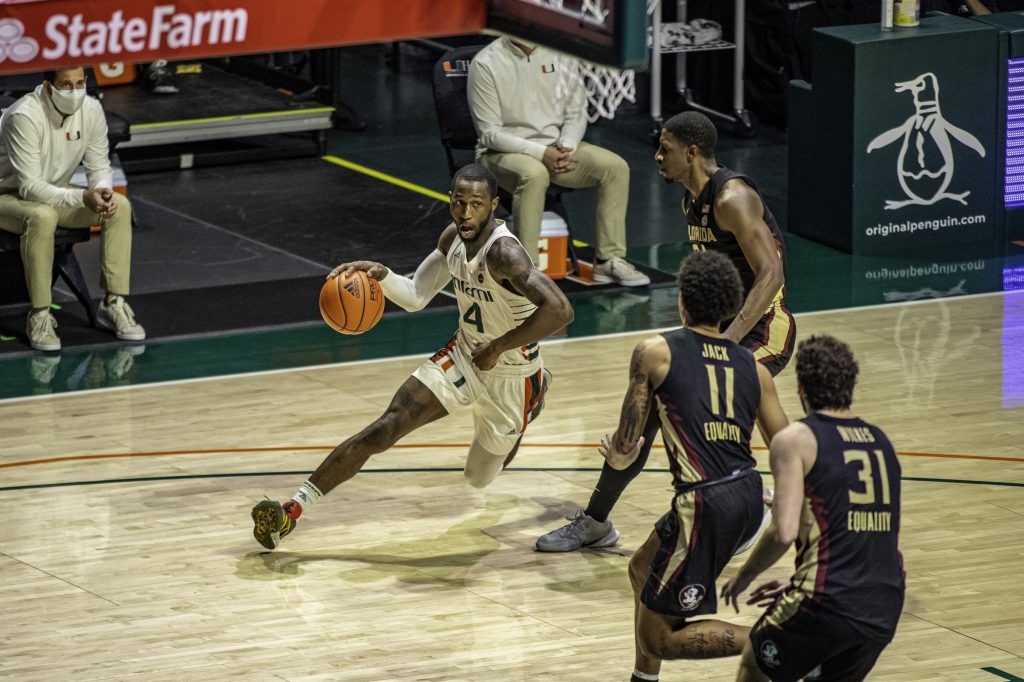 Senior Elijah Olaniyi drives towards the basket in Miami's loss to Florida State on Wednesday Feb. 24. Olaniyi had 11 points shooting 5-15 from the field and 1-8 from three.